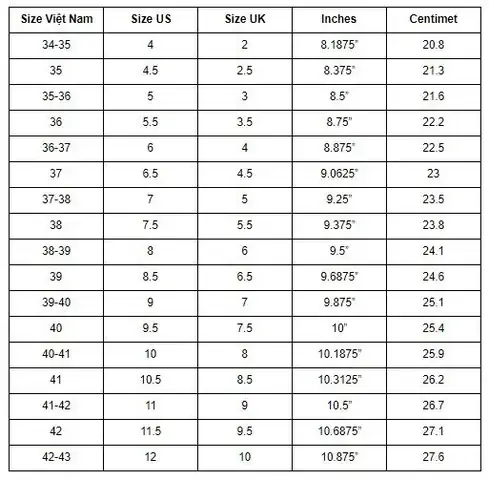 Size Giày 6.5 Uk Tương Đương Bao Nhiêu: Hướng Dẫn Chi Tiết Size Giày 6.5 Uk Tương Đương Bao Nhiêu: Hướng Dẫn Chi Tiết